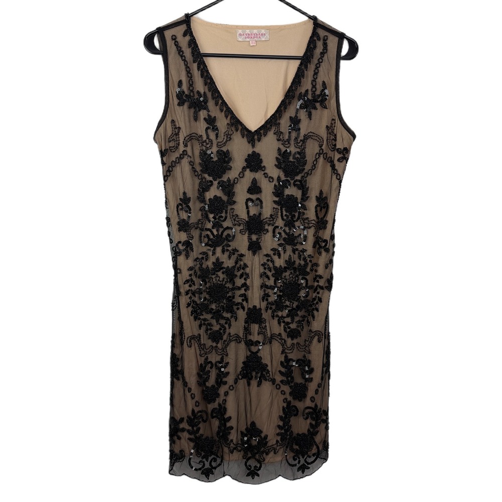 Gatsbylady London Beaded Dress Womens Size 10 Black Nude Shift Sheer Flapper
